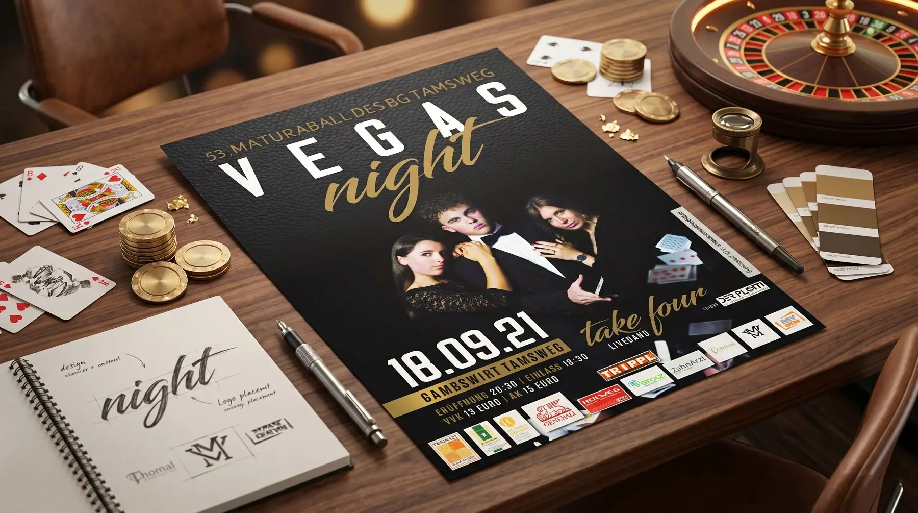 Kreatives Maturaballdesign für das Thema Vegas Night mit Eintrittskarten und Flyern