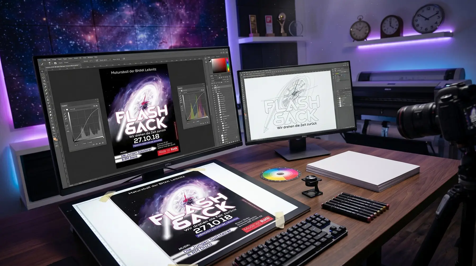 Gestaltung des Maturaball-Layouts am professionellen Grafik-Monitor