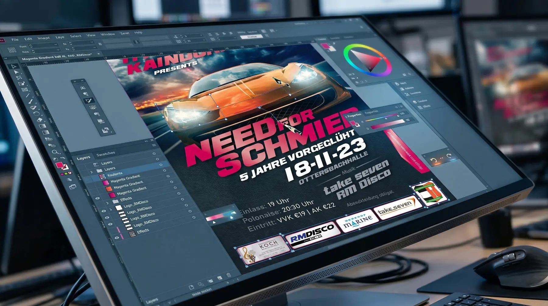 Maturaballdesign für das Thema Need for Schmied auf dem Bildschirm